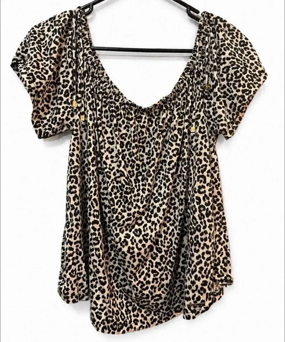 Michael Kors Leopard Print Ruched Peasant Top Women’s Large Short Sleeve Stretch